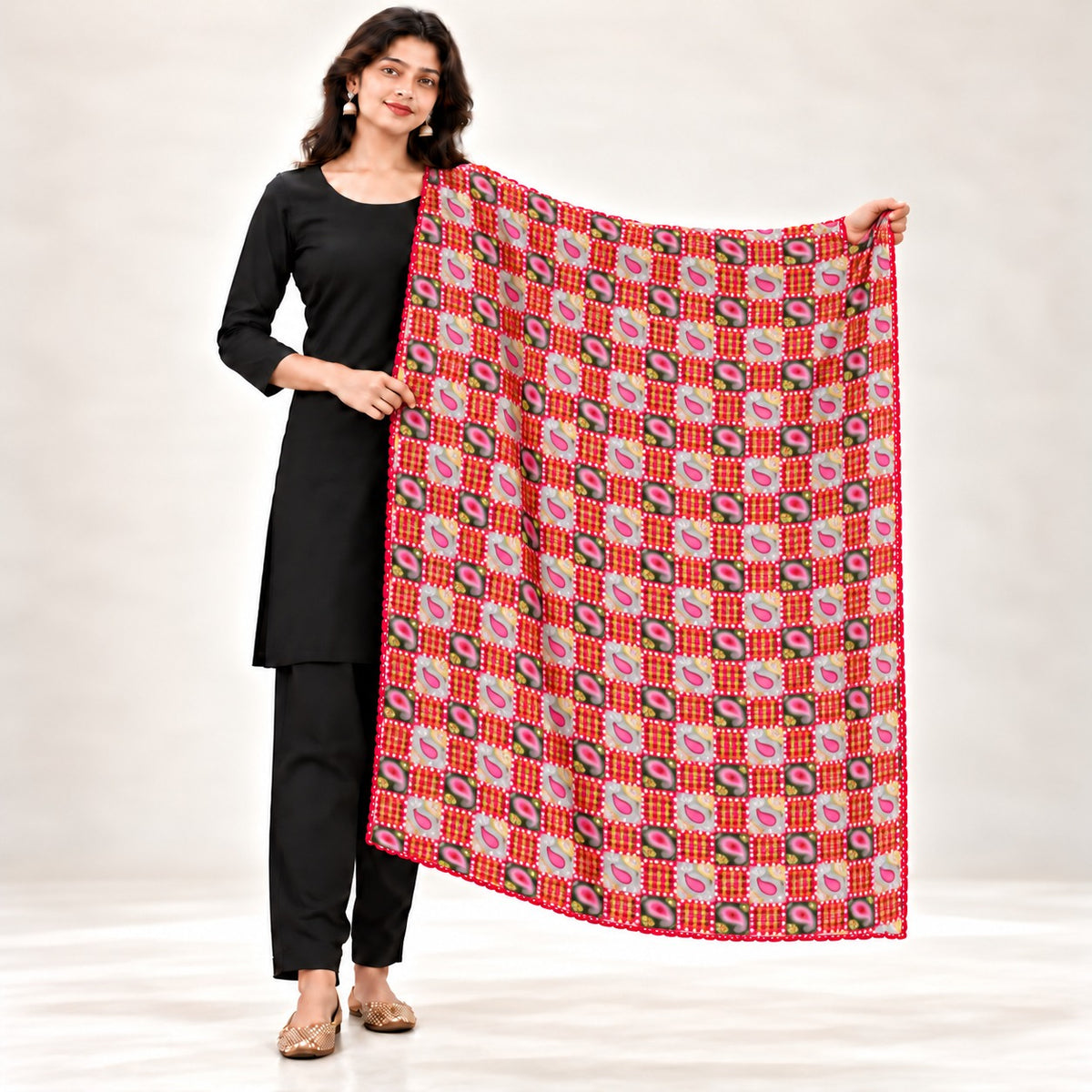 PC COTTON GAJRA 93 GEOMETRIC CHECK & PAISLEY PRINT DUPATTA WITH 4 SIDE HANDMADE MATCHING SAMOSA LACE