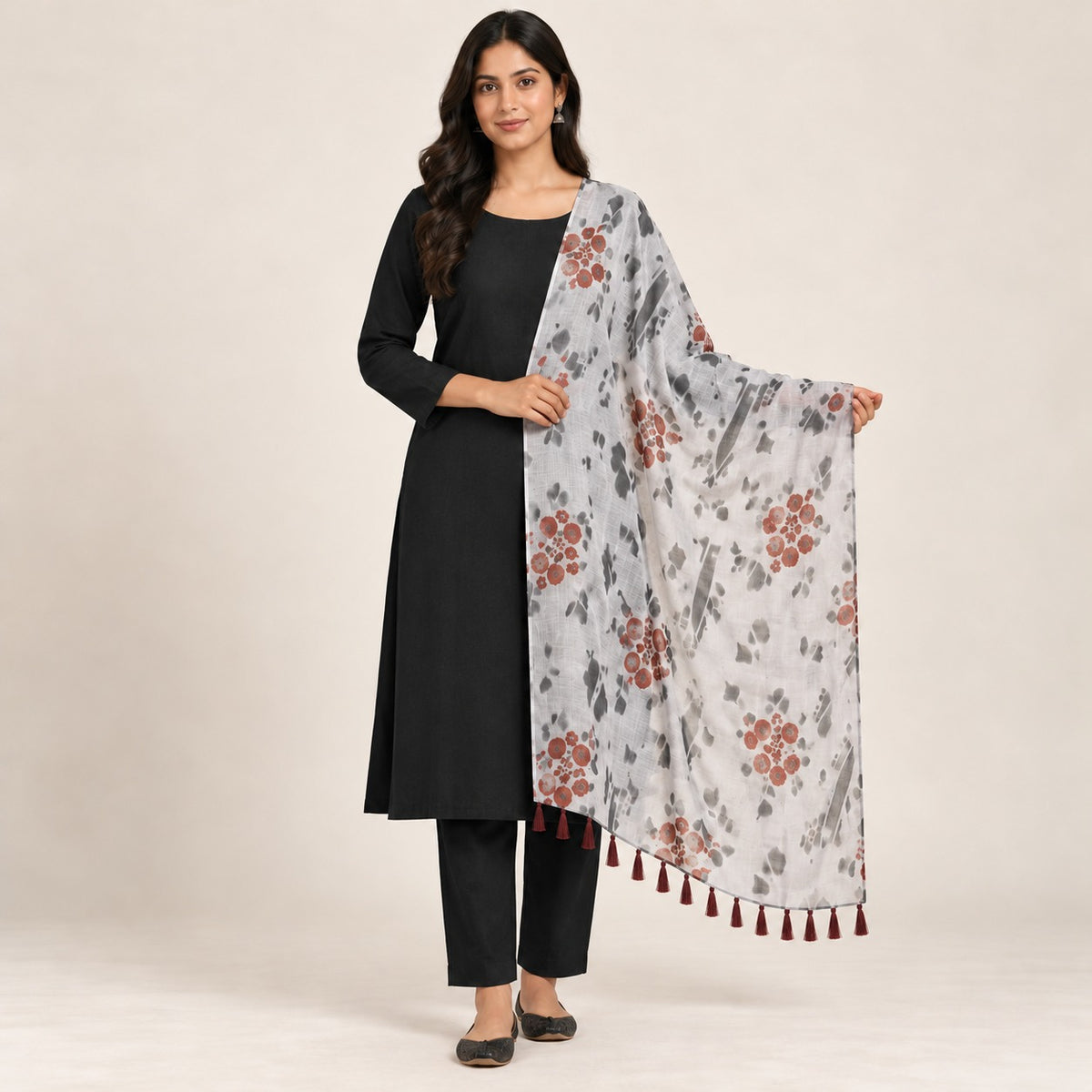 PC COTTON BHAGIRATHI 65 FLORAL PRINT DUPATTA 1.90 MTR WITH DECORATIVE BORDER AND TASSELS
