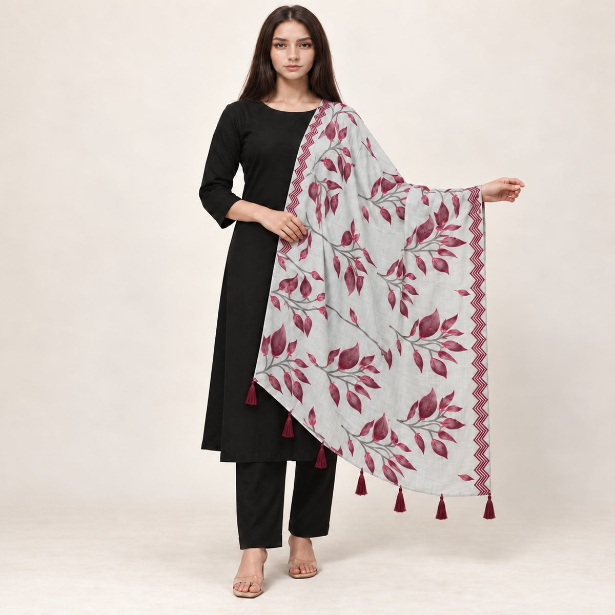 PC COTTON BHAGIRATHI 71 FLORAL LEAF PRINT DUPATTA 1.90 MTR WITH ZIGZAG BORDER AND MATCHING TASSELS