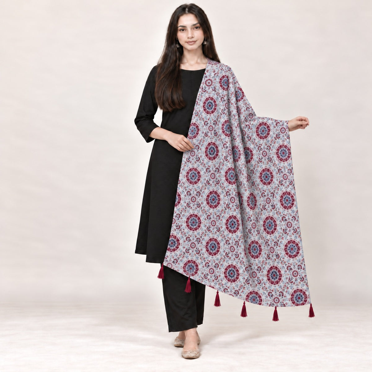 PC COTTON BHAGIRATHI 69 FLORAL MEDALLION PRINT DUPATTA 1.90 MTR WITH WAVY BORDER AND TASSELS