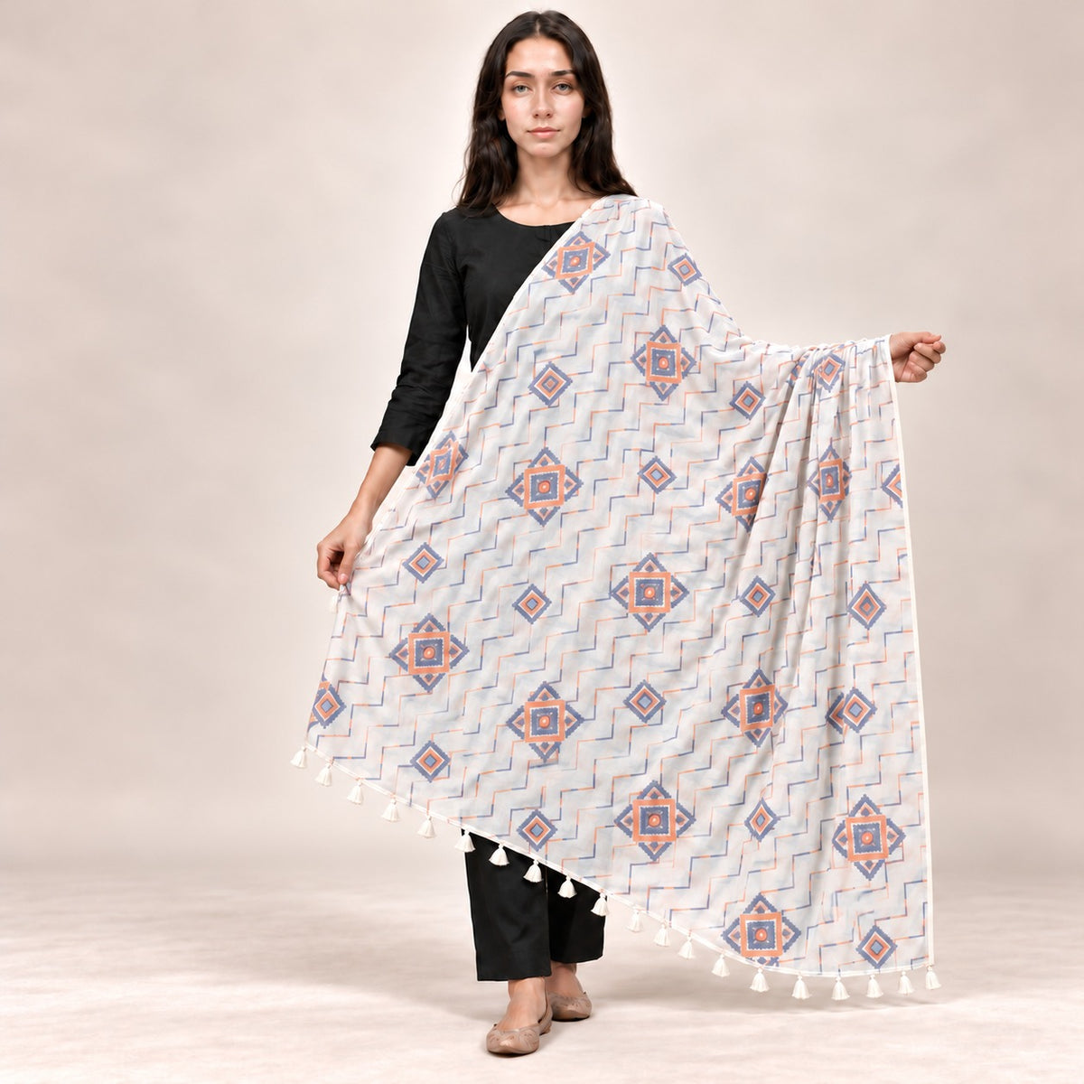 PC COTTON BHAGIRATHI 9 GEOMETRIC FLORAL PRINT DUPATTA 1.90 MTR WITH WHITE DECORATIVE LACE