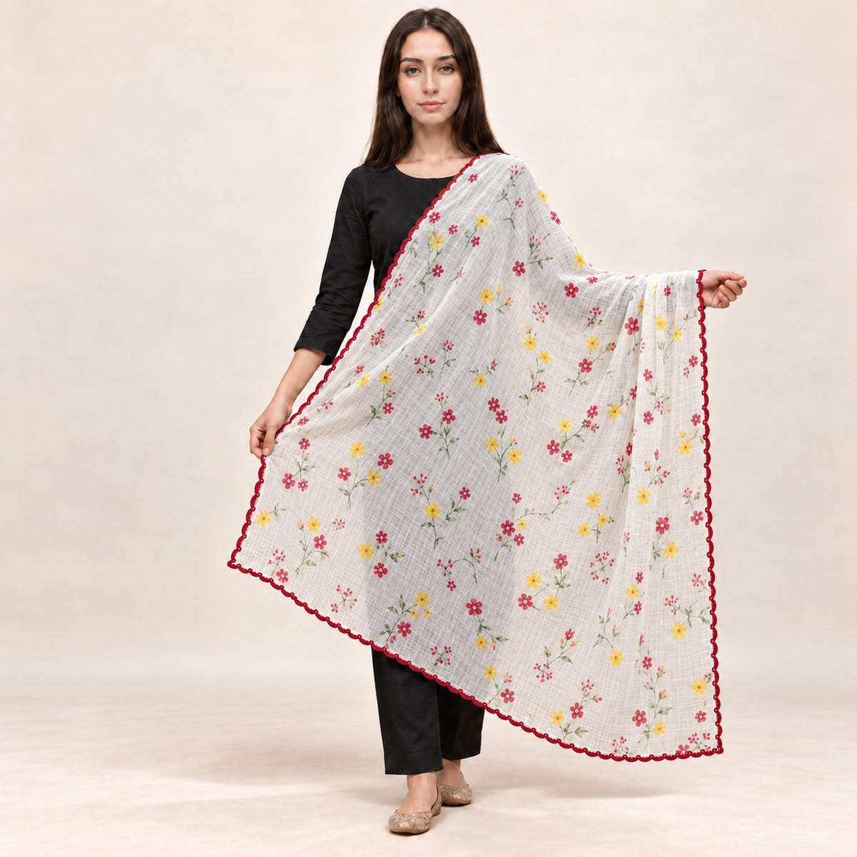 PC COTTON BHAGIRATHI FLORAL PRINT DUPATTA 1.90 MTR WITH DECORATIVE LACE