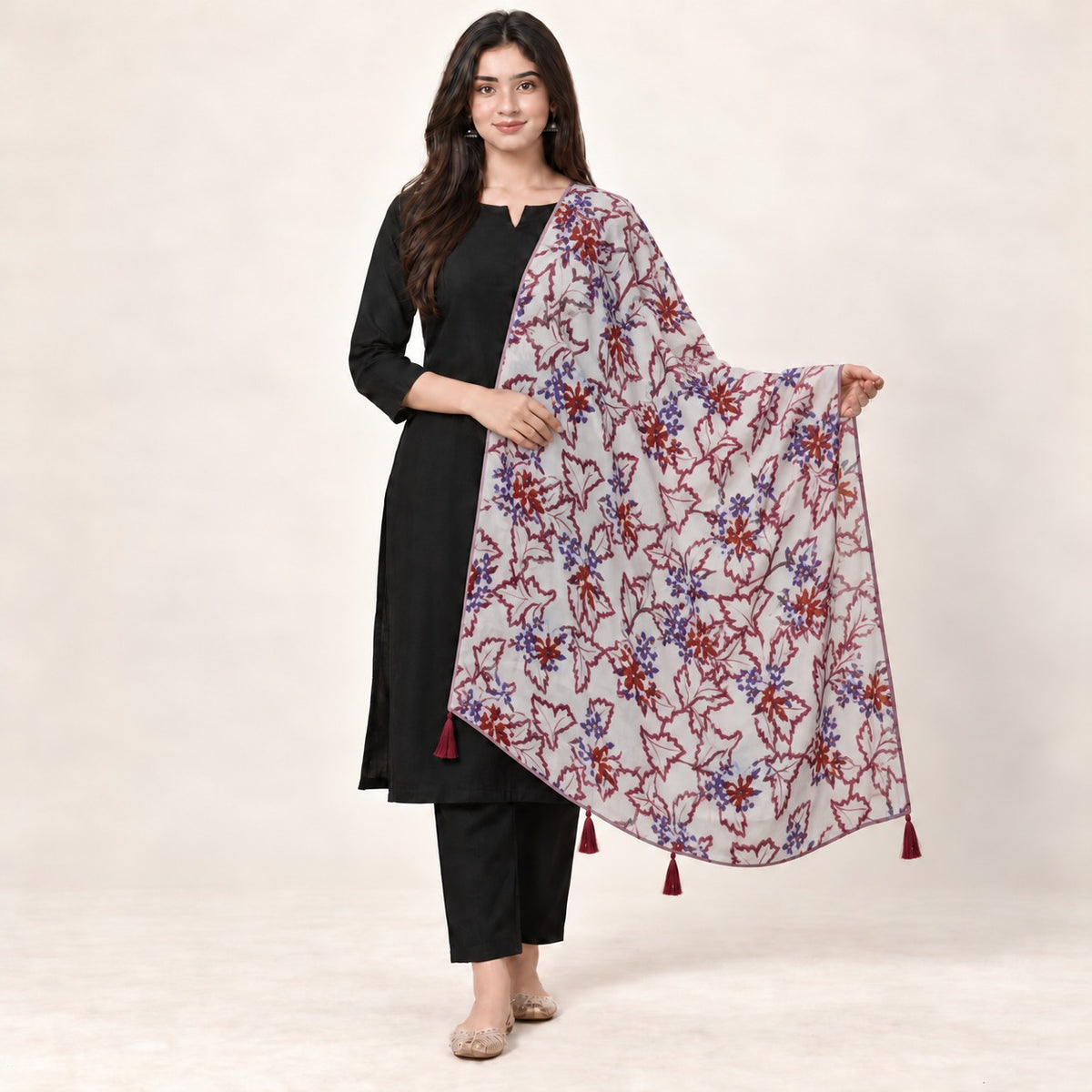 PC COTTON BHAGIRATHI 67 FLORAL PRINT DUPATTA 1.90 MTR WITH MATCHING TASSELS