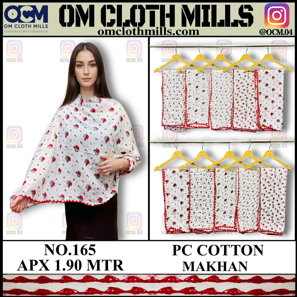 PC COTTON MAKHAN WHITE RED FLORAL PRINT DUPATTA WITH 4 SIDE RED SAMOSA LACE | APPROX. 1.90 MTR