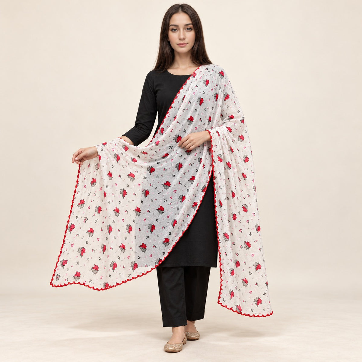 PC COTTON MAKHAN WHITE RED FLORAL PRINT DUPATTA WITH 4 SIDE RED SAMOSA LACE | APPROX. 1.90 MTR