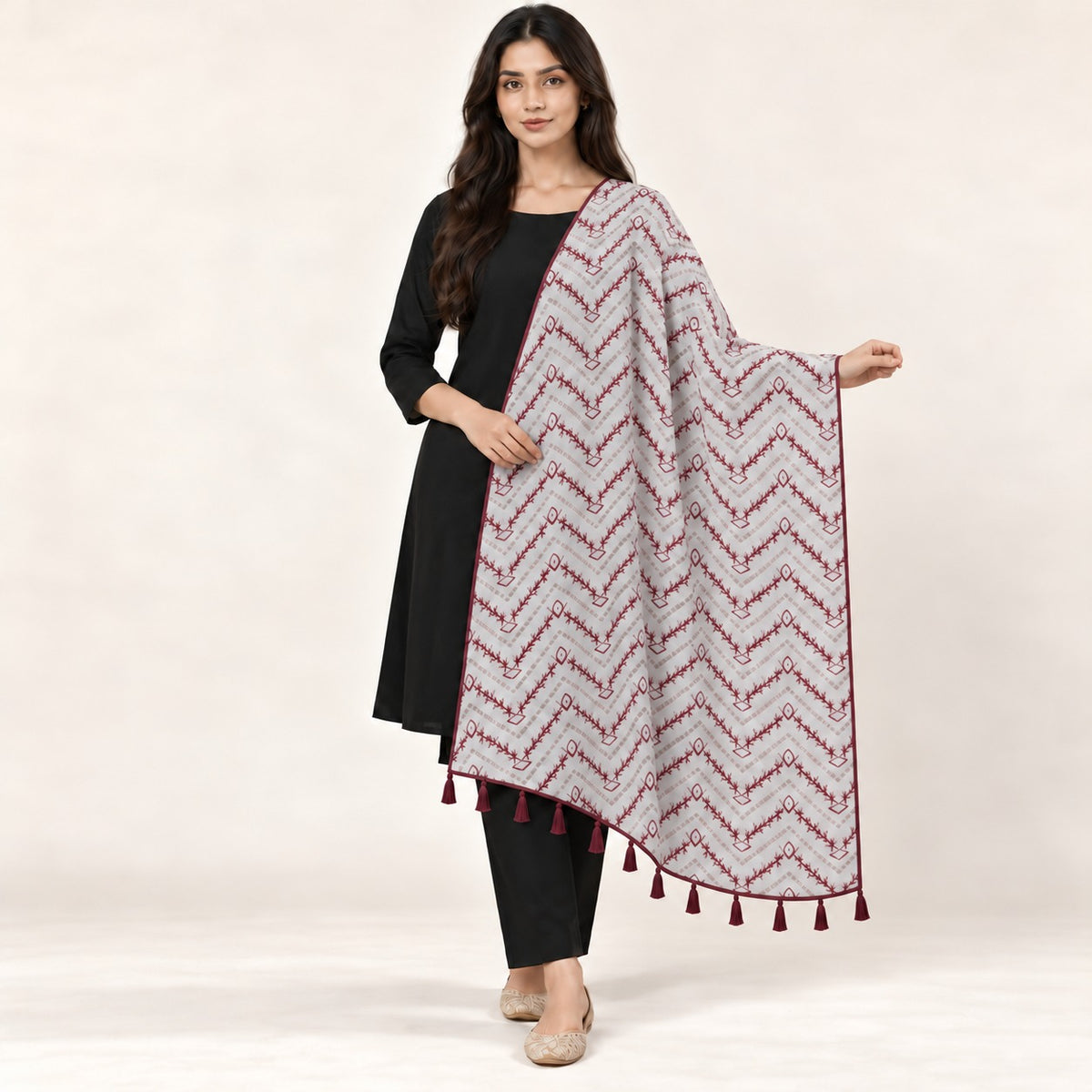 PC COTTON BHAGIRATHI 68 ZIGZAG LEAF PRINT DUPATTA 1.90 MTR WITH MATCHING TASSELS